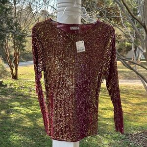 Free People Glittering Sequin Blouse - Burgundy and Gold